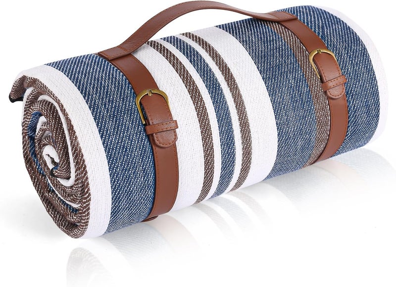 Timirock Striped Picnic Blankets 80” x 80” Extra Large Waterproof and Foldable Beach Blanket, Oversized Blue and White Outdoor Blanket for Camping, Travel, Park, Grass, Patio (Blue & Brown, 80" x 80") - Image 1